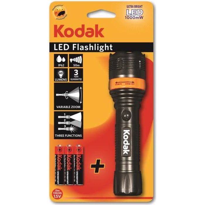 KODAK Lampe torche LED Focus 157 Flashlight 1000mW + 3 Piles LR03/AAA HD - Noir KODAK Lampe torche LED Focus 157 Flashlight 1000mW + 3 Piles LR03/AAA HD - Noir