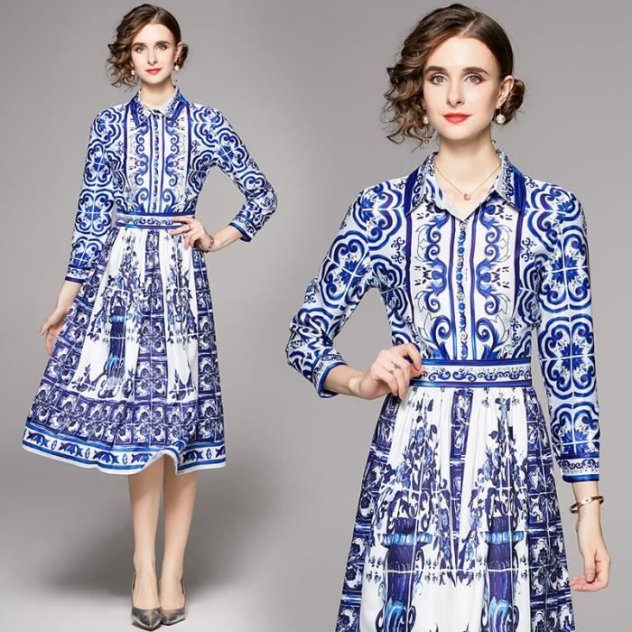 Robe élégante avec imprimé géométrique contrasté et revers