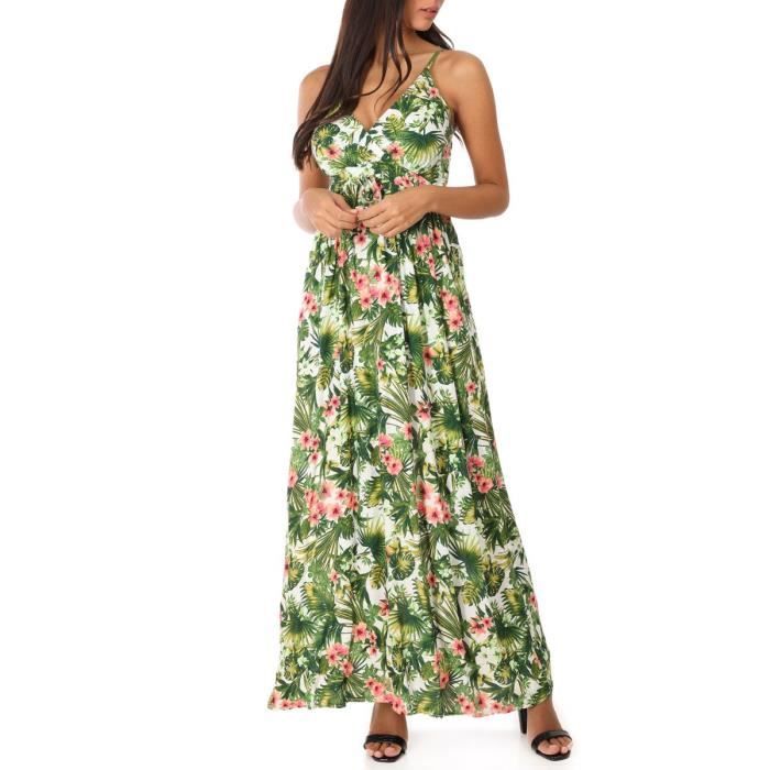 Robe longue blanche bretelles et motif tropical Blanc