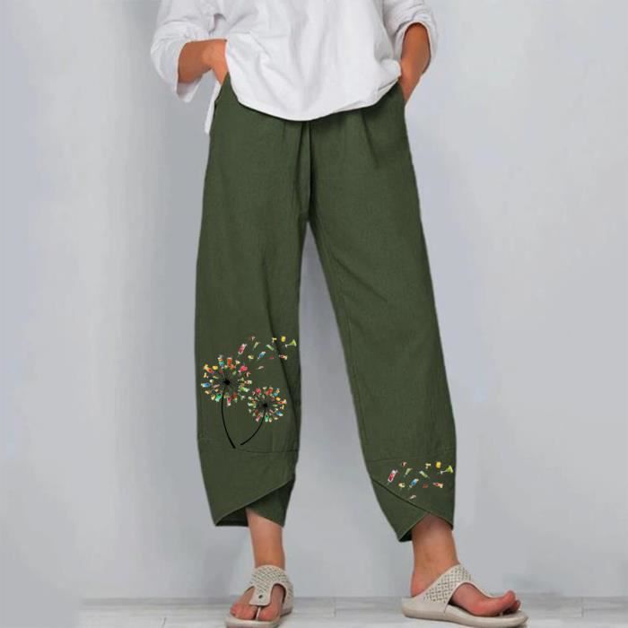 PANTACOURT Pantalon ample décontracté d'été pour femme en coton et lin brodé Vert