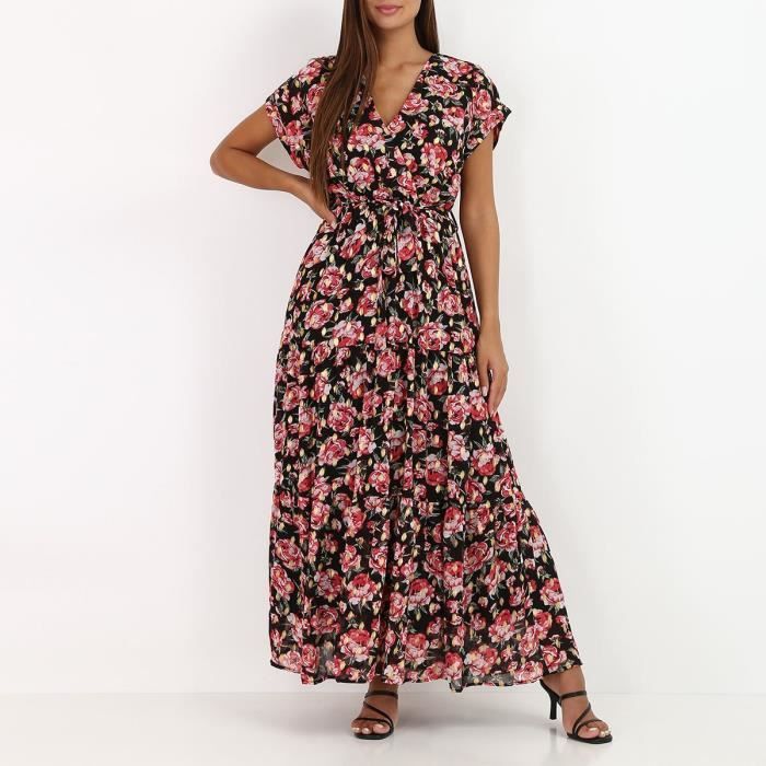 Robe longue noire a fleurs rouges et details dores Noir Cdiscount Pret a Porter