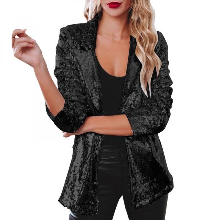 Blazer Femme Chic Paillettes Elegant Blazer Sequin Veste Casual Manches Longues Glitter Party Brillant Manteau Rave Survetement Noir Cdiscount Pret a Porter
