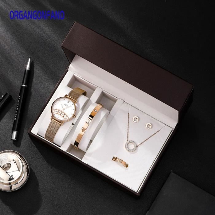 Organgonfand Coffret Cadeau Montre femme -Acier inoxydable 316 Bracelet  +Boucles d'oreilles+colliers+ montre à quartz- lot de 5 bijo d'or, -  Achat/vente montre Femme Adulte - Cdiscount