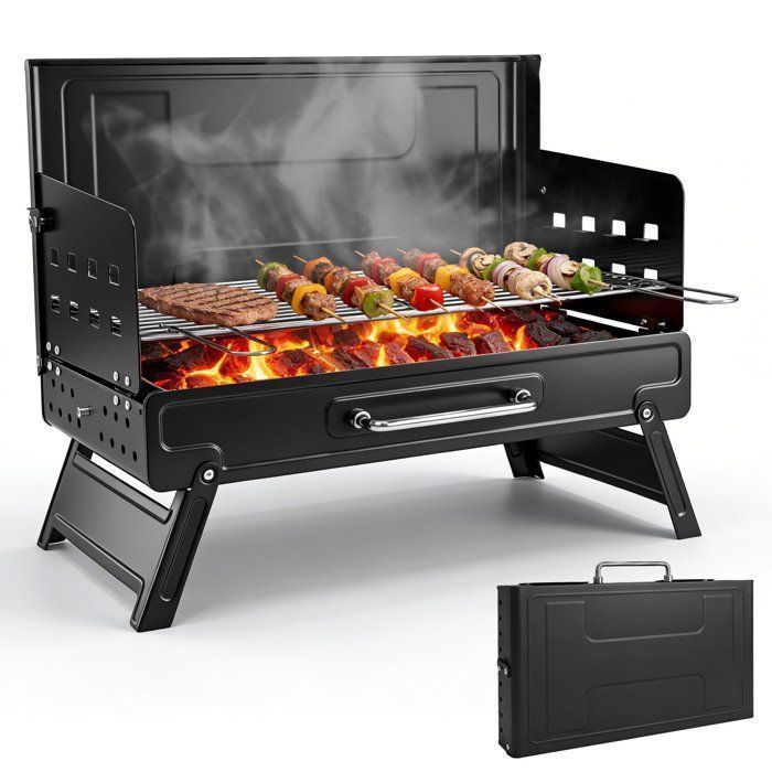 Barbecue Charbon Portable Pliable SunJas 35x27x19.5 Cm - Mini BBQ De Table Pour Camping Jardin Balcon Voyage Noir