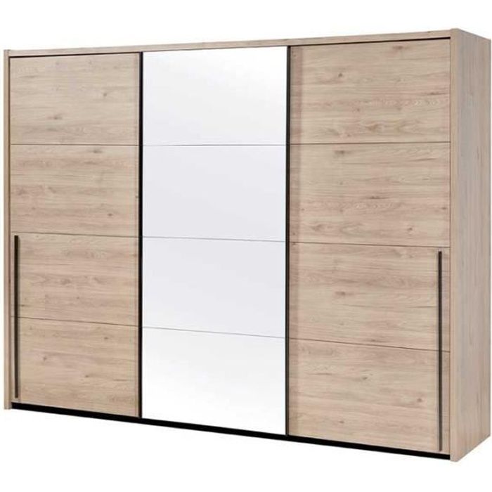 Armoire 3 Portes Coulissantes 250 Cm Bois Clair Miroir Anaelle