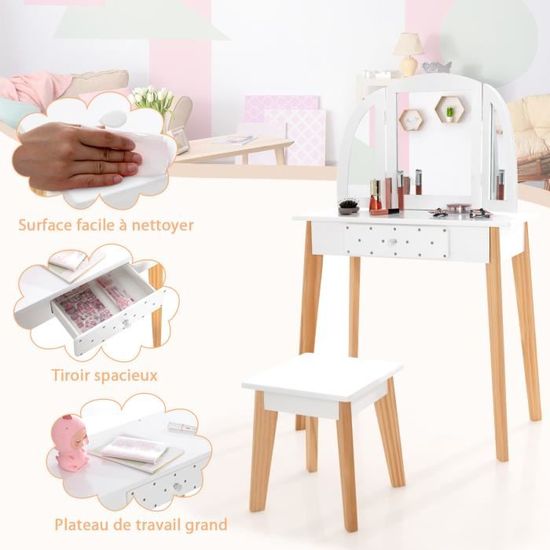 Coiffeuse Et Bureau 2 En 1 Pour Fille - Avec Miroir 3 Panneaux, Tiroir, Tabouret, âge 3-7 Ans