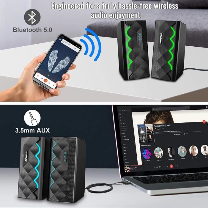 ELEGIANT Gaming Enceinte PC RGB Bluetooth 10W Stéréo 2.0 Synchronise avec  Rythme de Musique Câble AUX 3,5mm pour Téléphone Tablette - Cdiscount  Informatique