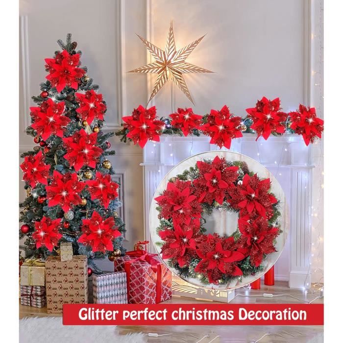 Fleurs De Poinsettia De Noël AYNKH 20Pcs Fleurs De Sapin De Noël Avec Pinces, Fleurs De Poinsettia Pailletées, Fleurs De Décoration Fleur De Noel Blanche