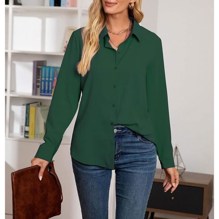 Chemisier Femme longue manches bouton loisirs Chemisier Vert