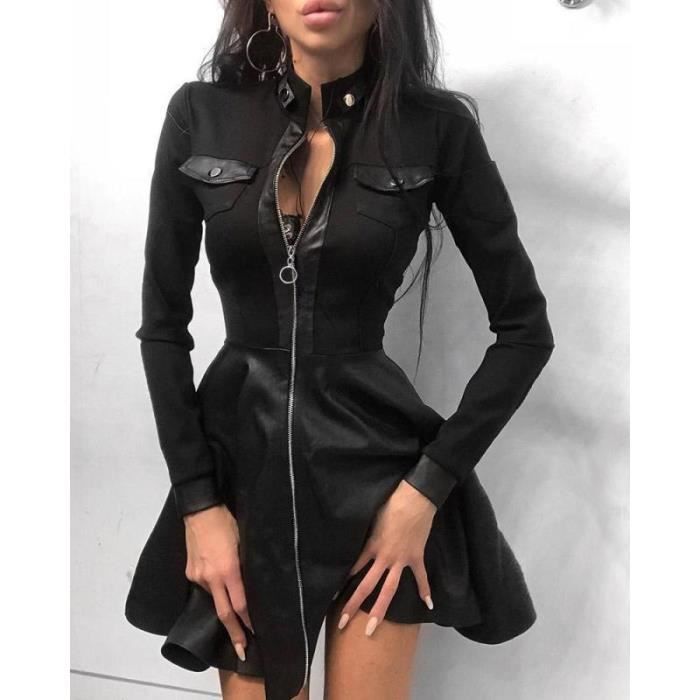Robe En Femme Mode Col V Patchwork De Dentelle Manches Longues Robes Moulante Zippee Mini Robe De Soiree Sexy A Ligne Dress noir M