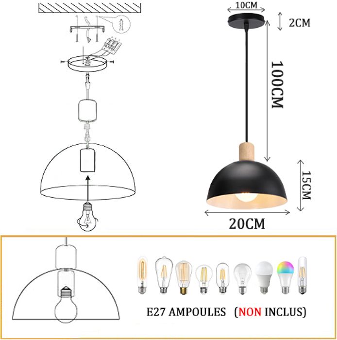 Suspension Luminaire Fer Forgé + Bois - Style Moderne, Douille E27, Hauteur Réglable, Pour Cuisine Îlot, Salle à Manger, Salon