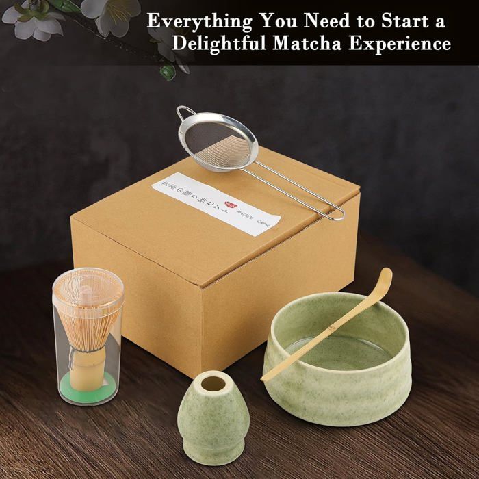 Kit Matcha Complet 6 En 1 – Ensemble Cérémonie Du Thé Japonais Authentique Avec Bol, Fouet Bambou, Cuillère, Passoire Et Support – Vert Clair