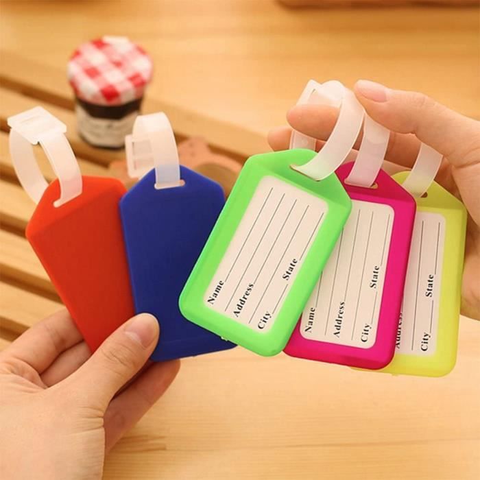 Lot De 4 étiquettes Bagage En Cuir PU - 11x7 Cm - Noir, Rose, Jaune, Bleu - Sangle Réglable - 5