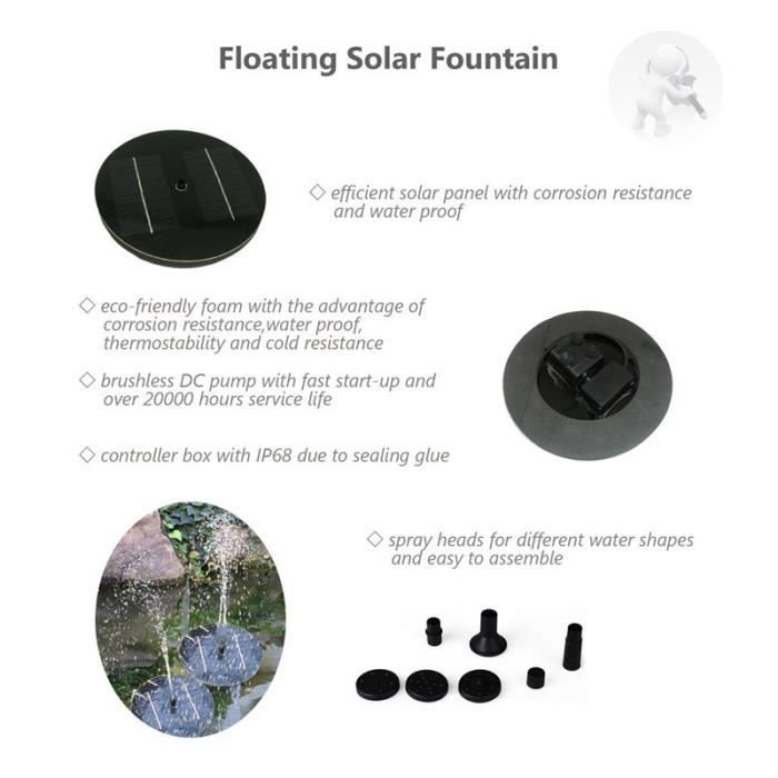 Boadw Fontaine solaire LED avec télécommande 7 W - Pompe solaire de bassin  - Pompe solaire avec 10 styles de fontaine pour jardin, jeux d'eau DIY
