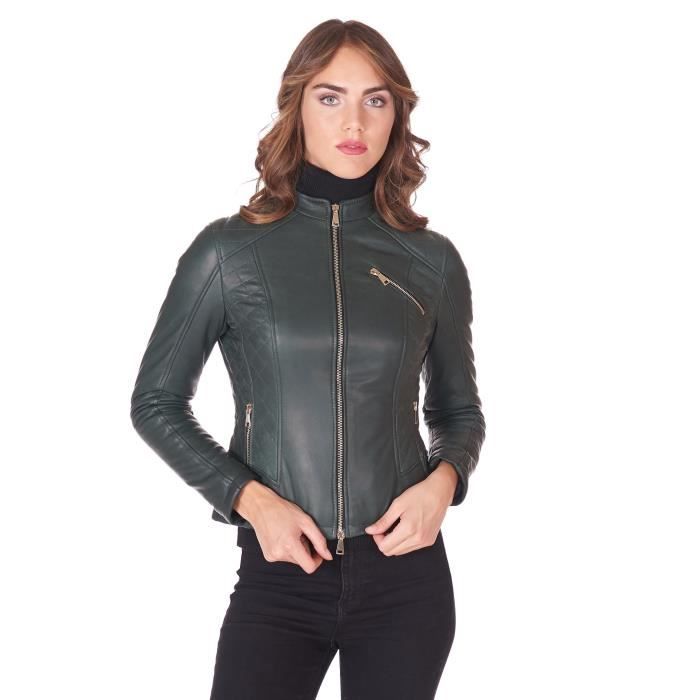 Veste cuir vert veste moto col mao cuir d agneu naturel Verde Cdiscount Pret a Porter