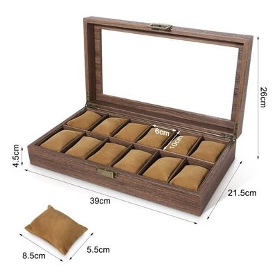 Boîte De Rangement Pour Montres à 12 Compartiments, En Bois Avec Couvercle En Verre Et Coussinets Amovibles Idee Cadeau Noyer