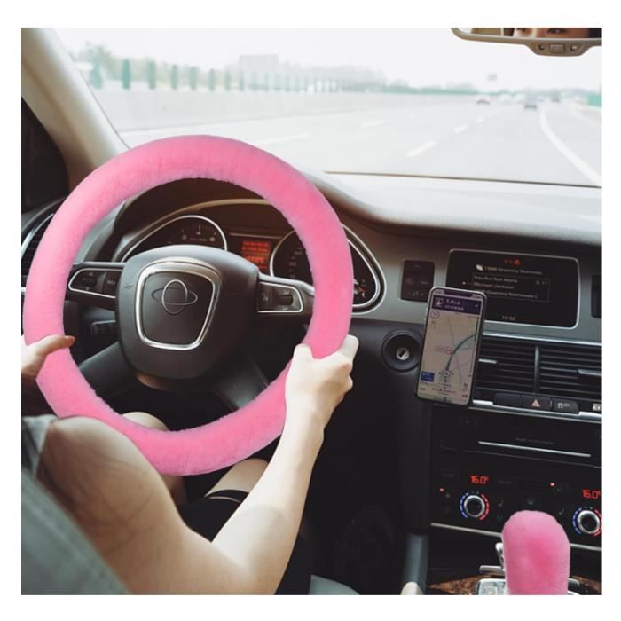 Accessoire Auto Rose Housse Volant Voiture Laitejituan - 3 Pièces Peluche Rose - Universelle 35-39cm - Hiver Couvre Volant Hiver Rose