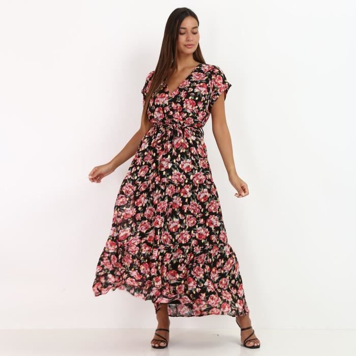 Robe longue noire a fleurs rouges et details dores Noir Cdiscount Pret a Porter