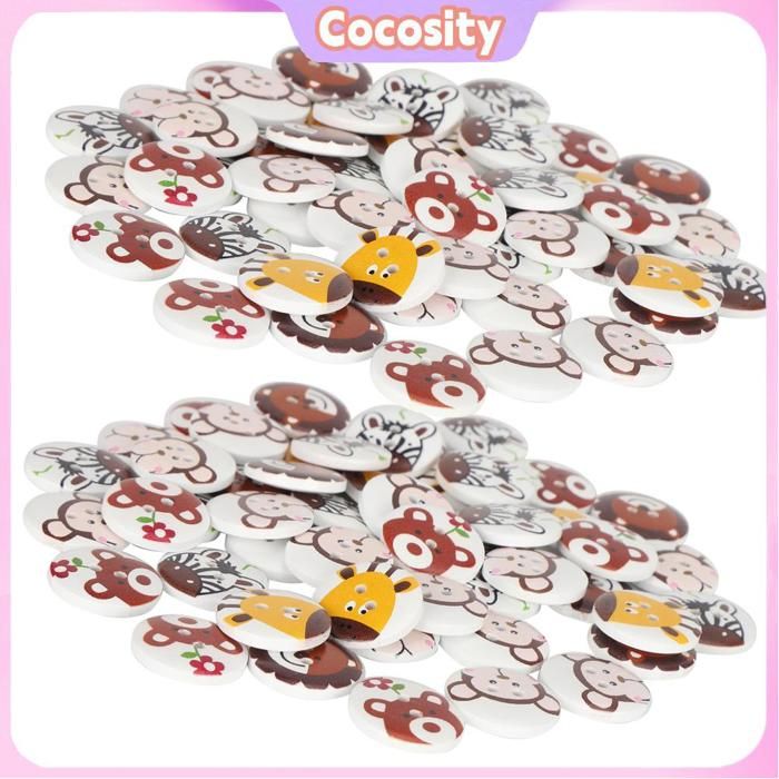 100 Boutons En Bois Animaux - 9 Formes Colorées Pour Couture, Scrapbooking Et DIY - 9