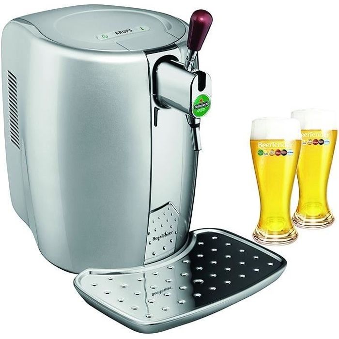 KRUPS YY2931FD Beertender, Machine à bière pression + 2 verres à bière, Tireuse à bière, Pompe à bière, Futs de bière 5 L, Silver
