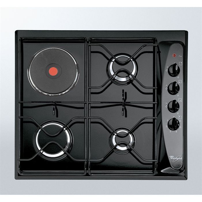 WHIRLPOOL AKM261 Noir Table de cuisson mixte gaz / électrique-4 foyers-L58xP50cm-Revêtement porcelaine émail-Noir