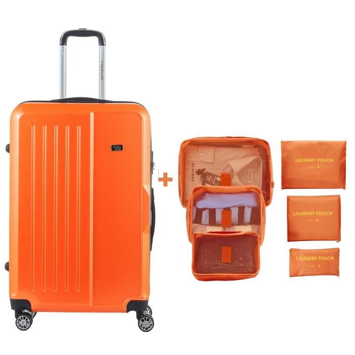 TRAVEL WORLD Valise grande taille 75cm + 6 organisateurs de voyage - Couleur Orange