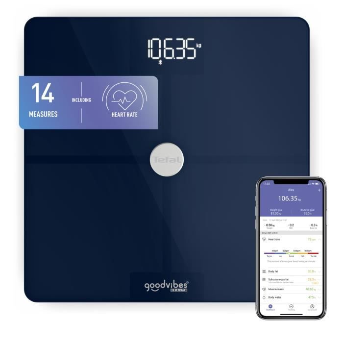 TEFAL BM9661S1 Goodvibes Health Balance connectée, 14 indicateurs corporels, Capacité 180 kg, Graduation 50 g, Application connectée