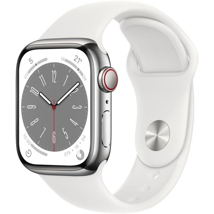Apple Watch Series 8 GPS + Cellular - 41mm - Boîtier Silver Stainless Steel - Bracelet White Sport Band - Regular