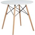 MADDIE Table à manger ronde de 2 à 4 personnes scandinave blanc laqué + pieds en bois hêtre massif - Ø 80 cm-0