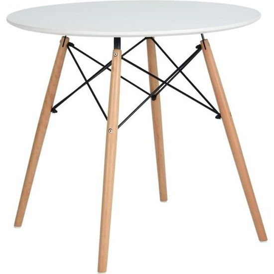 MADDIE Table à manger ronde de 2 à 4 personnes scandinave blanc laqué + pieds en bois hêtre massif - Ø 80 cm