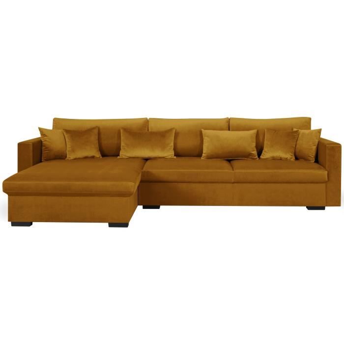 Malma Canapé Dangle Réversible Convertible 5 Places Coffre De Rangement Tissu Velours Jaune Moutarde L 290 X P 103 173 Cm