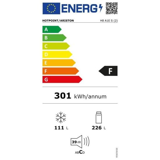 HOTPOINT H8 A1E S - Réfrigérateur congélateur bas - 338L (227+111) - Froid  brassé - F - L 60cm x H 189cm - Silver - Achat / Vente réfrigérateur  classique HOTPOINT H8