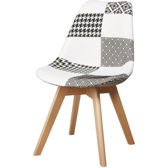 martins chaise en tissu patchwork gris et blanc pieds en bois naturel scandinave l 51 x p 57 cm cdiscount maison