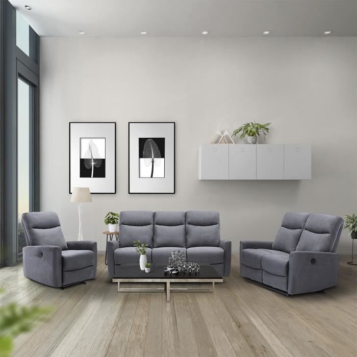 ensemble canapes relax manuel 3 2 1 places tissu gris jess cdiscount maison