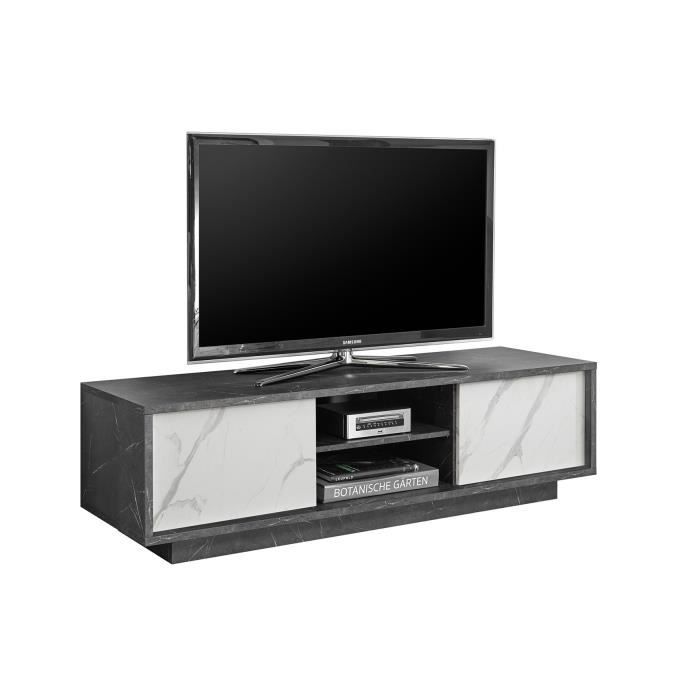 meuble tv 2 portes decor marbre noir et blanc l 138 x p 44 x h 43 cm nero cdiscount maison