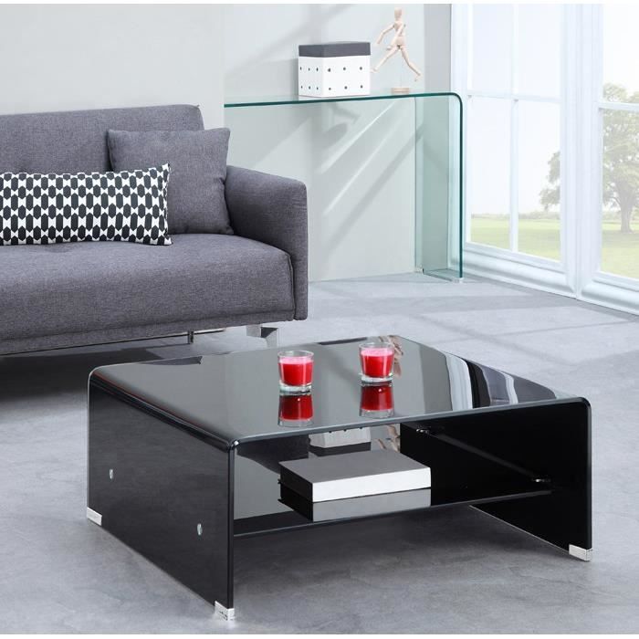 Glass Table Basse Carree En Verre Noir Etagere Achat Vente