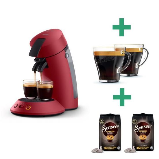 Machine à café PHILIPS SENSEO Original Plus CSA210/91 + 2 packs de dosettes Espresso Classique + 2 tasses