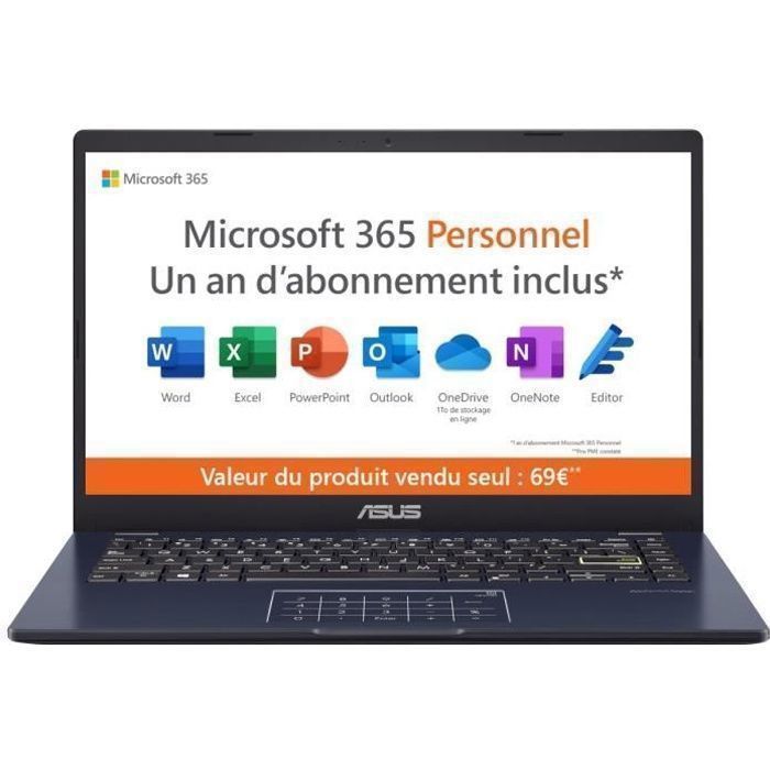 PC Portable ASUS VivoBook 14 E410 | 14 HD Intel Pentium N5030 RAM 4 Go 128Go eMMC Win 11 Microsoft 365
