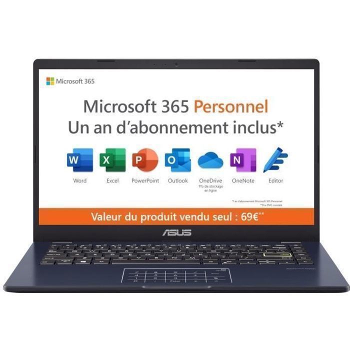 PC Portable ASUS VivoBook 14 E410 | 14 HD Intel Pentium N5030 RAM 4 Go 128Go eMMC Win 11 Microsoft 365
