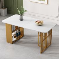 Table à Manger - Rectangulaire - Table de Salon avec étagères - Contemporaine - 4 Personnes - 160x80x78cm - Blanc+Or