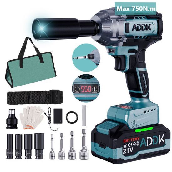 Clé à Chocs Sans Fil Brushless 1600 Nm – 2 Batteries 4.0Ah, 6 Douilles, Pour Voiture Et Bricolage