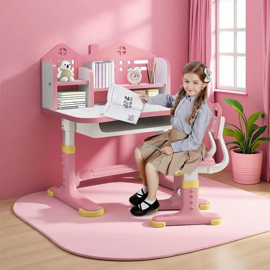 Bureau Et Chaise Enfant Réglables En Hauteur - Avec Tiroir De Rangement - Pour Devoirs Et Activités - Tailles 3 à 16 Ans (Rose)