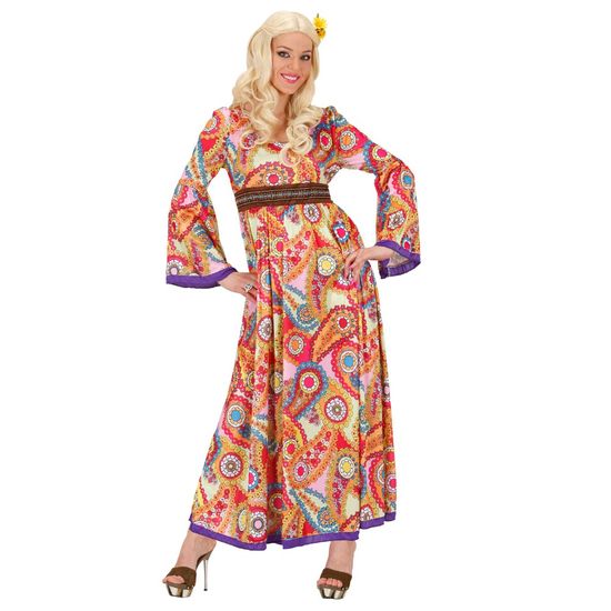 Déguisement hippie adulte - Woodstock - Robe longue multicolore - Ceinture marron - Taille 44/46