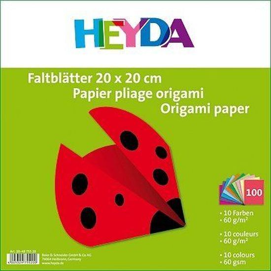 Papier Origami Carré - HEYDA - 100 Feuilles - 20x20 Cm - 10 Couleurs