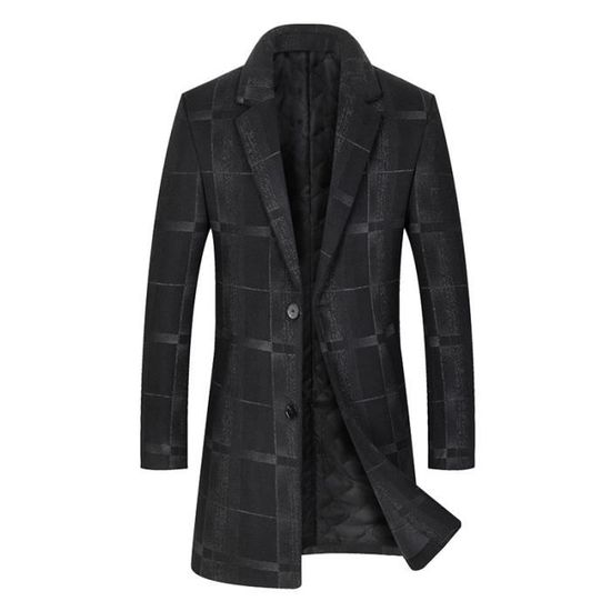 Manteau Homme Laine Mi long Slim Double Polaire Epais Chaud Carreaux Marque Modele Gris Homme Gris Cdiscount Pret a Porter