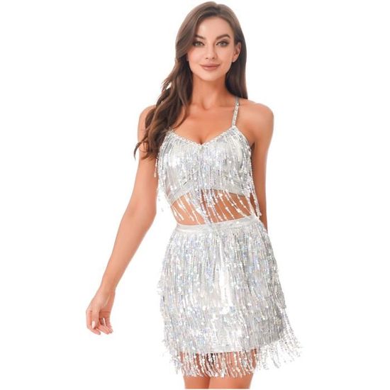 Iiniim Jupette Danse Paillettes Femme avec Haut Court Crop Top Danse Latine Jupe Indienne Frange Brillant Robe de Danse Samba M XL Cdiscount Sport