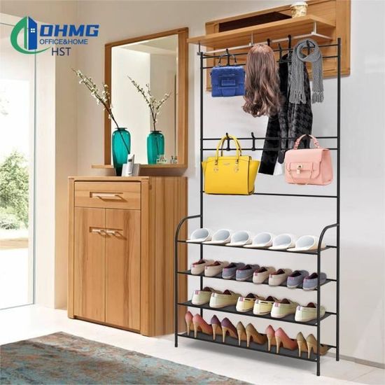 Porte-Manteaux avec Banc à Chaussures et étagère de Rangement pour Porte- Manteau d'entrée, Organisateur 3 en 1 avec 10 Crochets de Suspension pour Manteaux de vêtements, Chapeaux, Cadre en a