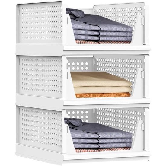 3 Organiseurs De Tiroirs Blancs - Boîtes Rangement Vêtements 40x31,5x18,5 Cm - Empilables, Pliables