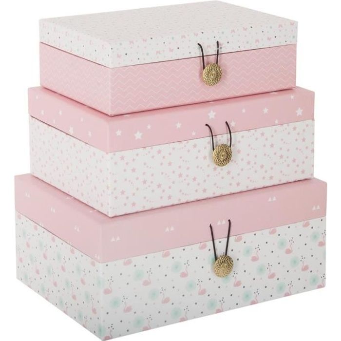 Atmosphera - Lot de 3 boîtes à boutons S : L, 19 x l, 12,5 x H, 6 cm M : L, 21 x l, 15 x H, 8 cmL : L,23 x l, 17 x H, 10 cm Rose
