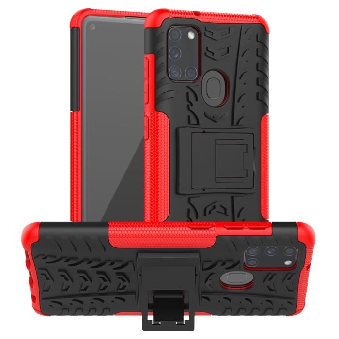 Coque Samsung A21S - Rouge avec Verre Trempé, TPU Robuste en Silicone Étui PC Hybrid Double Layer Housse.